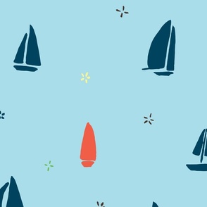 Scattered Cute Little Yacht in Dark Blue and Red (large)