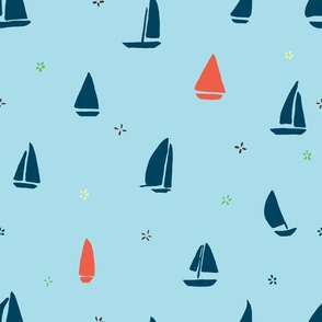 Scattered Cute Little Yacht in Dark Blue and Red (medium)
