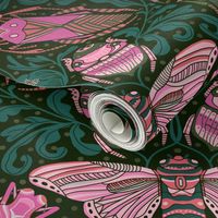 JUMBO Linocut Bugs Wallpaper Art Deco Art Nouveau Green Pink