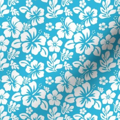 WHITE HAWAIIAN FLOWERS ON AQUA OCEAN BLUE -EXTRA SMALL SIZE