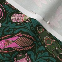 LARGE Linocut Bugs Wallpaper Art Deco Art Nouveau Green Pink 12in