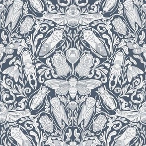 MEDIUM Linocut Bugs Wallpaper Art Nouveau Art Deco China Blue 10in