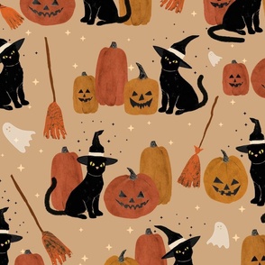 Witches brew - witch cats, jack o lanterns and ghosts Large - hand drawn halloween print in orange and black