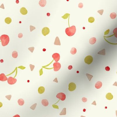 Red cherries with green and pink spots and triangles on cream