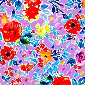 Bright watercolor florals with painted dots no texts on digital lavender Medium scale