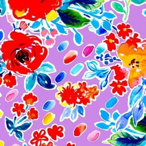 Bright watercolor florals with painted dots no texts Bold Painterly on digital lavender Large scale