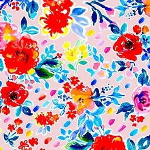 Bright watercolor florals with painted dots no texts on blush pink Medium scale