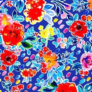 Bright watercolor florals with painted dots no texts on classic blue Medium scale