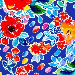 Bright watercolor florals with painted dots no texts on classic blue Large scale