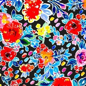 Bright watercolor florals with painted dots no texts on black Medium scale