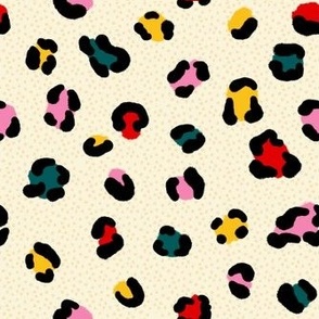Multi colored hand drawn textured kids leopard print pattern - yellow, red, pink, blue