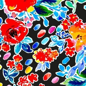 Bright watercolor florals with painted dots no texts on black Large scale