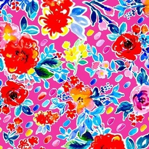 Bright watercolor florals with painted dots no texts on hot pink Medium scale