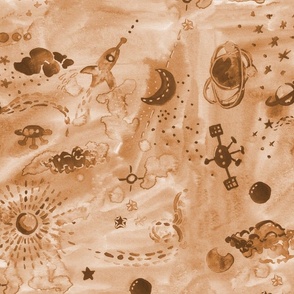 Watercolor Ochre brown deep space with rockets and stars Large scale