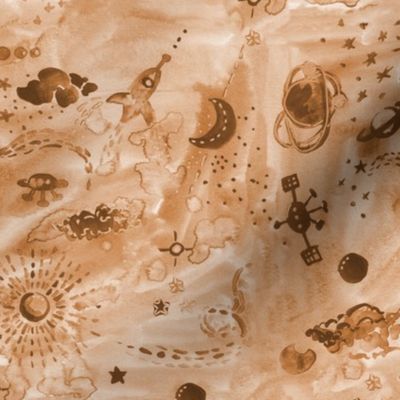 Watercolor Ochre brown deep space with rockets and stars Small scale