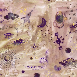 Watercolor multicolor mauve deep space with rockets and stars Large scale