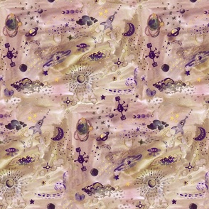 Watercolor multicolor mauve deep space with rockets and stars Medium scale