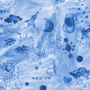 Watercolor Blue deep space with rockets and stars Large scale