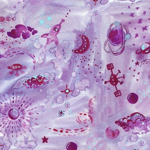 Watercolor raging purple and red deep space with rockets and stars Large scale