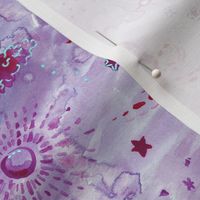 Watercolor raging purple and red deep space with rockets and stars Small scale