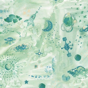 Watercolor seaglass green and teal blue deep space with rockets and stars Large scale