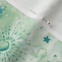 Watercolor seaglass green and teal blue deep space with rockets and stars Medium scale