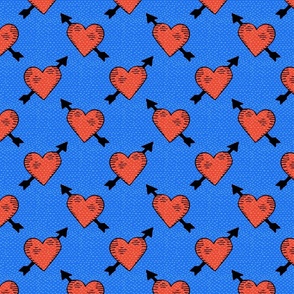 Hand drawn cupid hearts with arrows in red on blue Medium scale