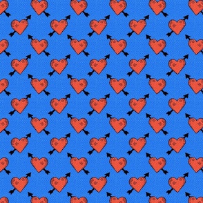 Hand drawn cupid hearts with arrows in red on blue Small scale