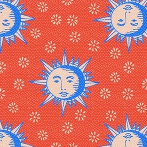 Hand drawn wood cut suns tan beige and blue on red Small scale