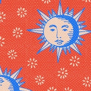 Hand drawn wood cut suns tan beige and blue on red Medium scale