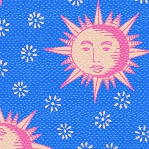 Hand drawn wood cut suns tan beige and pink on blue Medium scale
