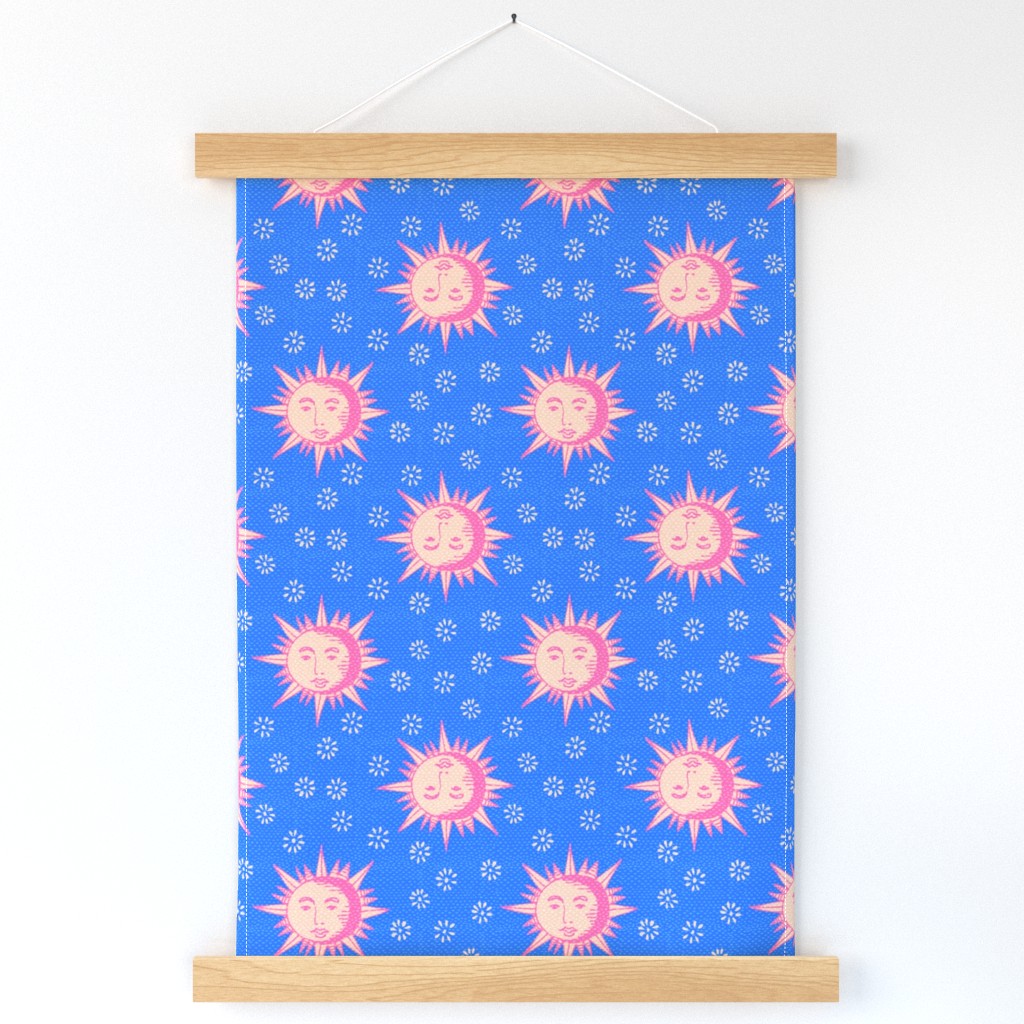 Hand drawn wood cut suns tan beige and pink on blue Small scale