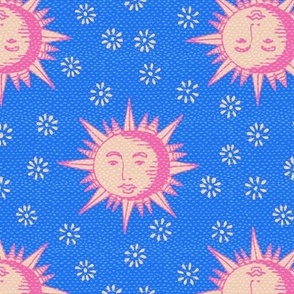 Hand drawn wood cut suns tan beige and pink on blue Small scale