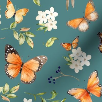 Monarch Butterflies Lg – Orange Butterfly Fabric, Garden Floral, Flowers & Butterflies Fabric (dusty teal)
