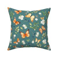 Monarch Butterflies Lg – Orange Butterfly Fabric, Garden Floral, Flowers & Butterflies Fabric (dusty teal)