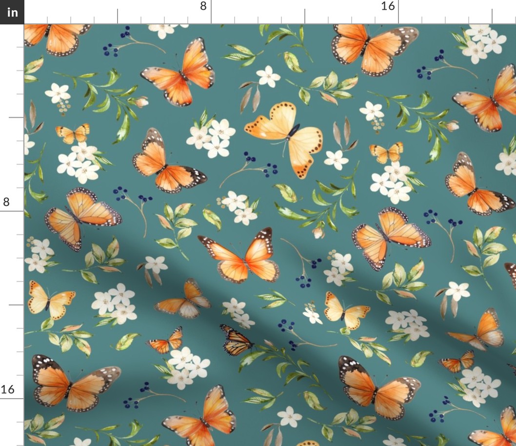 Monarch Butterflies Lg – Orange Butterfly Fabric, Garden Floral, Flowers & Butterflies Fabric (dusty teal)