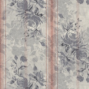 Vintage french watercolor roses with stripes and texture in yelowish grey and dusty pink Large scale