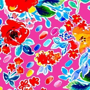 Bright watercolor florals with painted dots no texts on hot pink Large scale