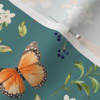 Monarch Butterflies Md – Orange Butterfly Fabric, Garden Floral, Flowers & Butterflies Fabric (dusty teal)