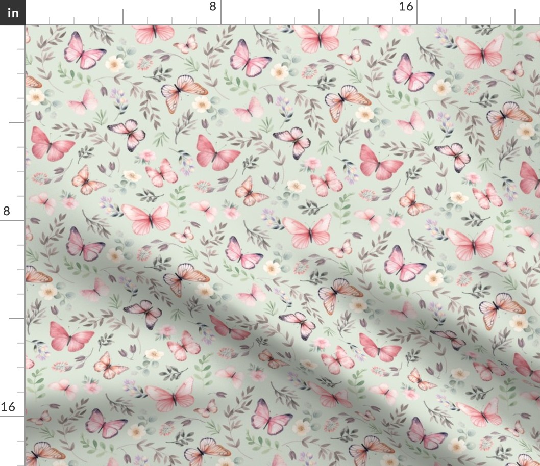 Butterflies Sm – Girly Pink Butterfly Fabric, Garden Floral, Flowers & Butterflies Fabric (honeydew)