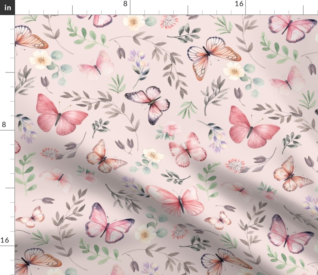 Butterflies Lg – Girly Pink Butterfly Fabric, Garden Floral, Flowers & Butterflies Fabric (first light)