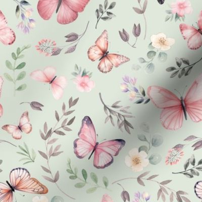 Butterflies Md – Girly Pink Butterfly Fabric, Garden Floral, Flowers & Butterflies Fabric (honeydew)