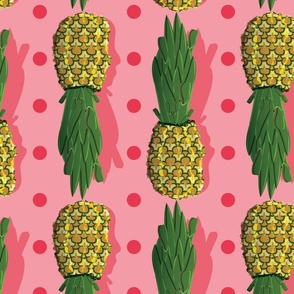 Pineapple and Polka Dots Pink and Green, MEDIUM, 4800, v01–tropical, fruit, trendy, quirky, fun, whimsical, girl, bedding, wallpaper, kitchen, table, linens, green, pink, circle, stripe, kids, teen, tween, curtain