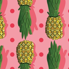 Pineapple and Polka Dots Pink and Green, LARGE, 6300, v01–tropical, fruit, trendy, quirky, fun, whimsical, girl, bedding, wallpaper, kitchen, table, linens, green, pink, circle, stripe, kids, teen, tween, curtain