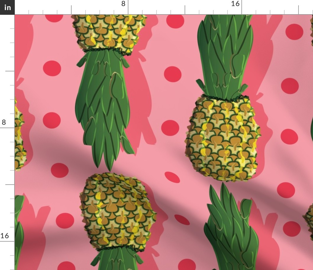 Pineapple and Polka Dots Pink and Green, LARGE, 6300, v01–tropical, fruit, trendy, quirky, fun, whimsical, girl, bedding, wallpaper, kitchen, table, linens, green, pink, circle, stripe, kids, teen, tween, curtain