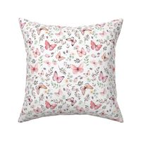 Butterflies Sm – Girly Pink Butterfly Fabric, Garden Floral, Flowers & Butterflies Fabric (white)