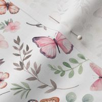Butterflies Sm – Girly Pink Butterfly Fabric, Garden Floral, Flowers & Butterflies Fabric (white)