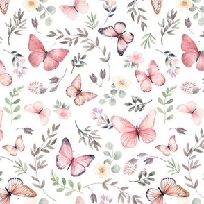 Butterflies Sm – Girly Pink Butterfly Fabric, Garden Floral, Flowers & Butterflies Fabric (white)