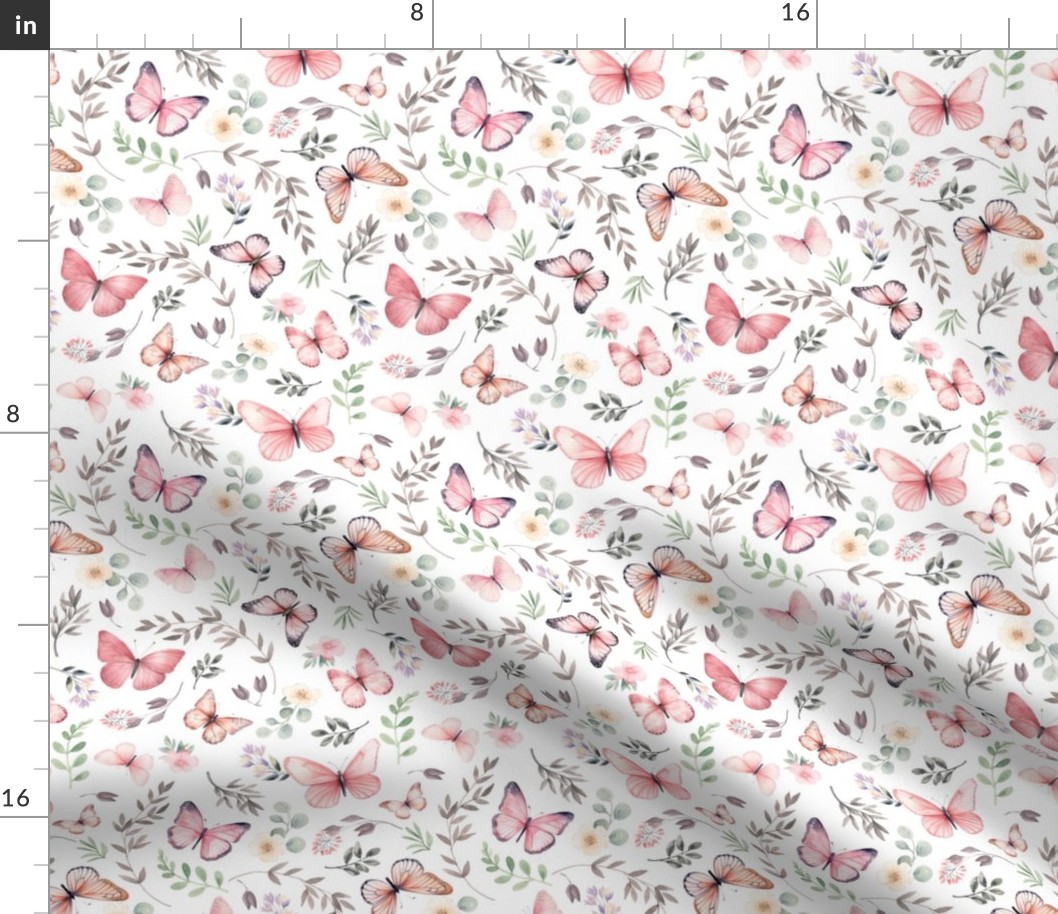 Butterflies Sm – Girly Pink Butterfly Fabric, Garden Floral, Flowers & Butterflies Fabric (white)