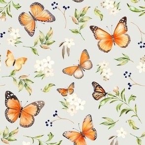 Monarch Butterflies Md – Orange Butterfly Fabric, Garden Floral, Flowers & Butterflies Fabric (eggshell)